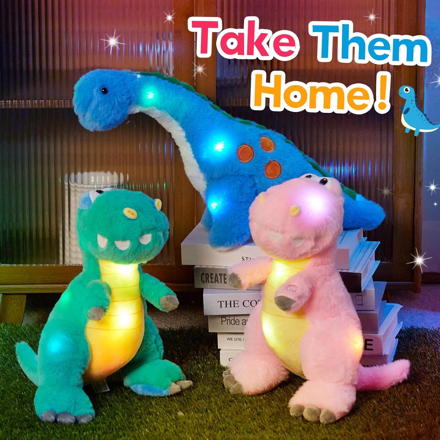 14" Glow-in-the-Dark Blue Dinosaur Plush Toy – LED Diplodocus Night Light for Kids