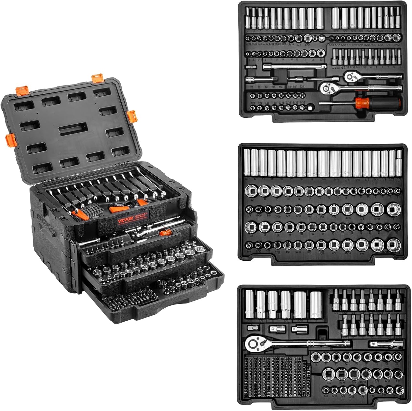 450-Piece Mechanics Tool Set & Socket Set with Deep/Standard Sockets, SAE & Metric, 1/4", 3/8", & 1/2" Drive