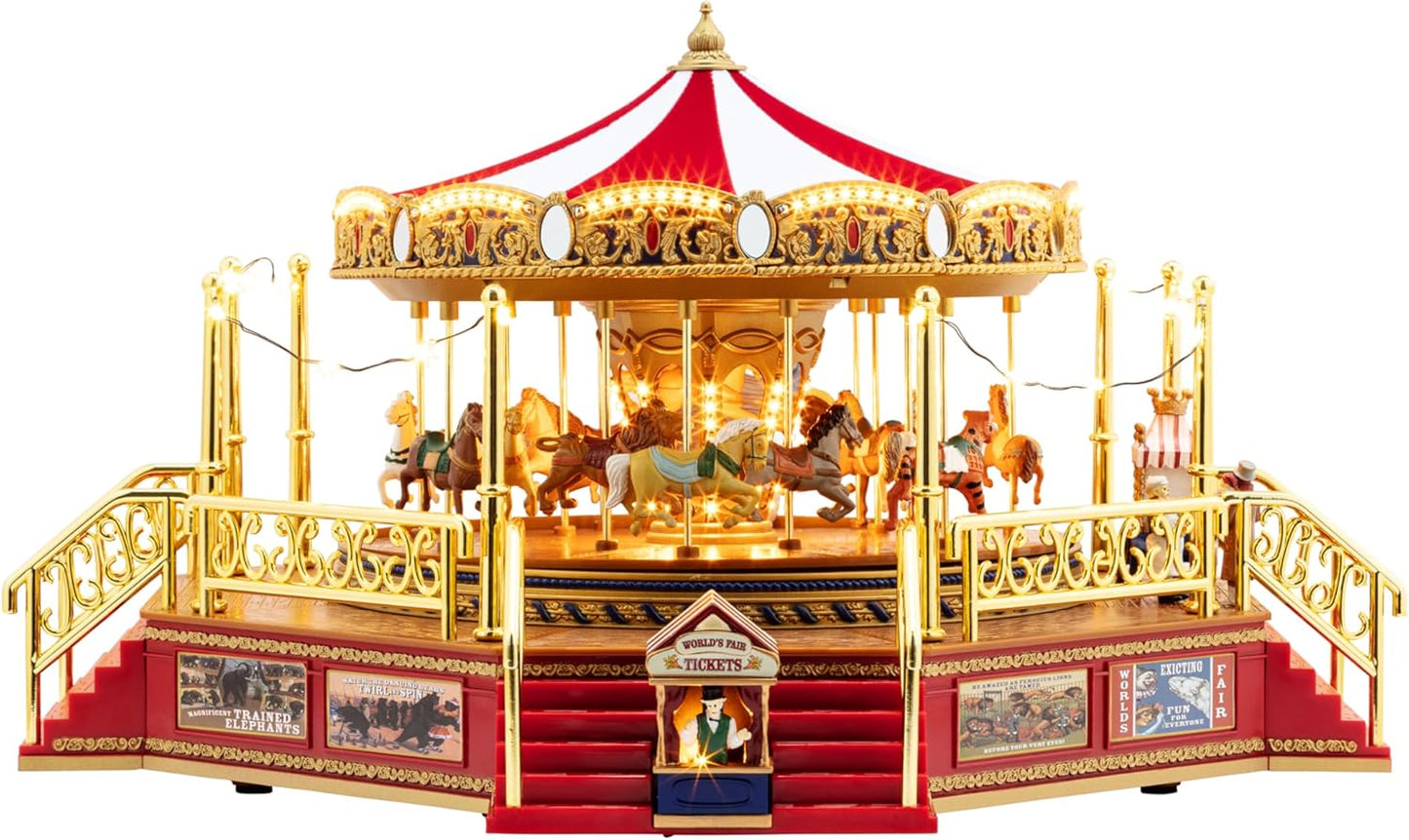 Red Gold Label Animated Carousel - 8-Inch Musical Christmas Decoration with LED Lights and 50 Songs