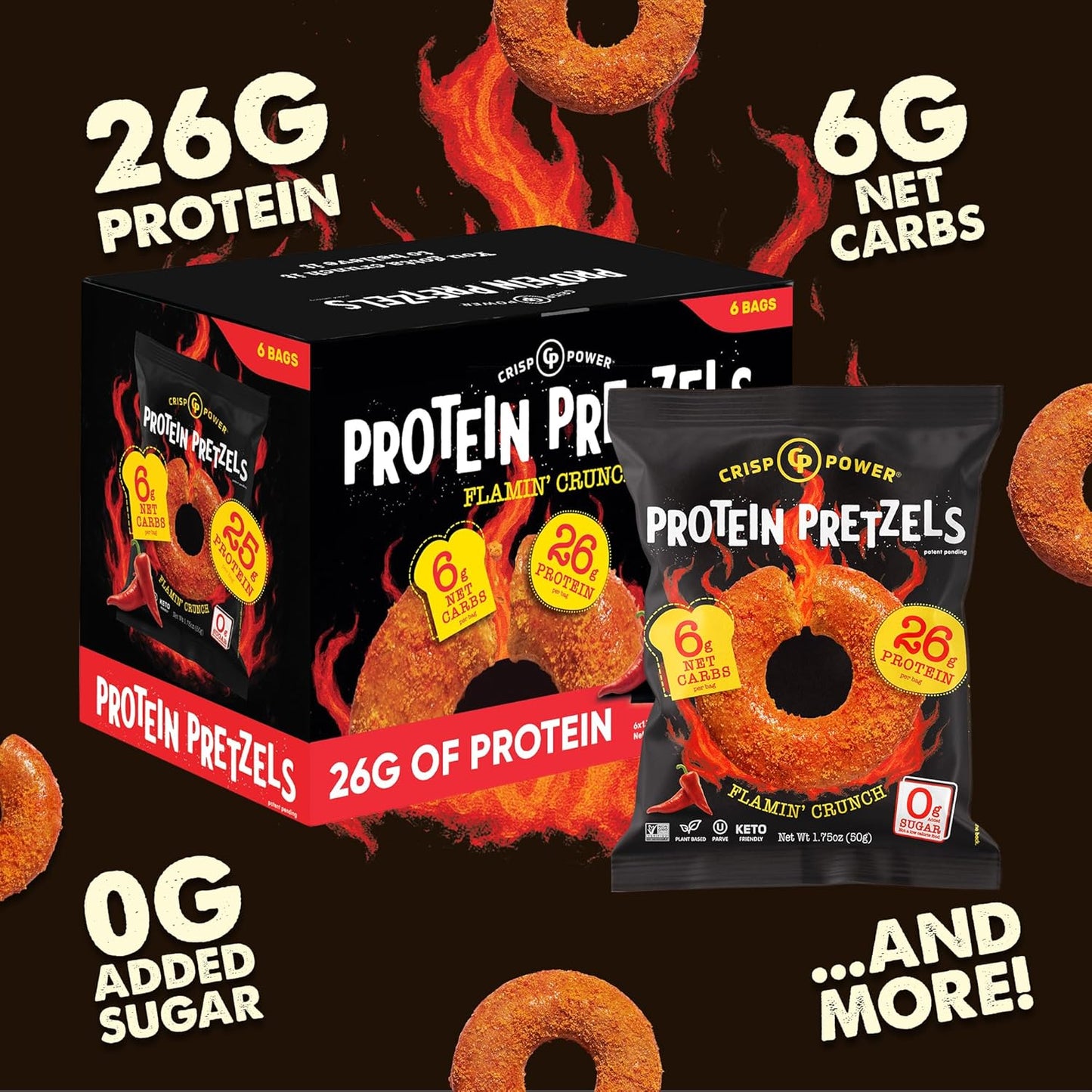 Flamin’ Crunch Protein Pretzels – 26g Protein, High Fiber, Low Carb – No Added Sugar – 6 Pack – Vegan & Keto