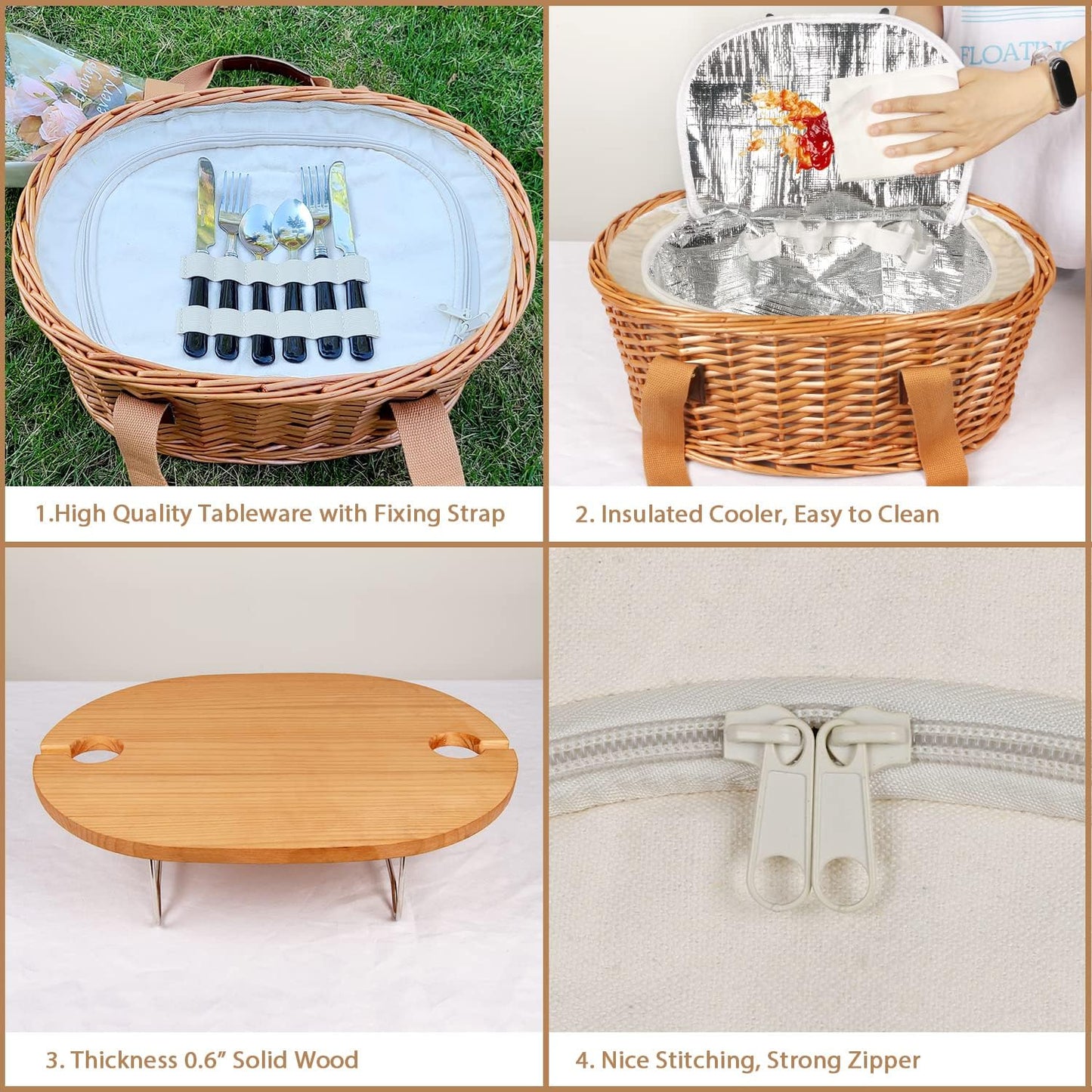 Wicker Picnic Basket Set for 2 – Includes Mini Folding Wine Table, Insulated Cooler & Full Cutlery Kit