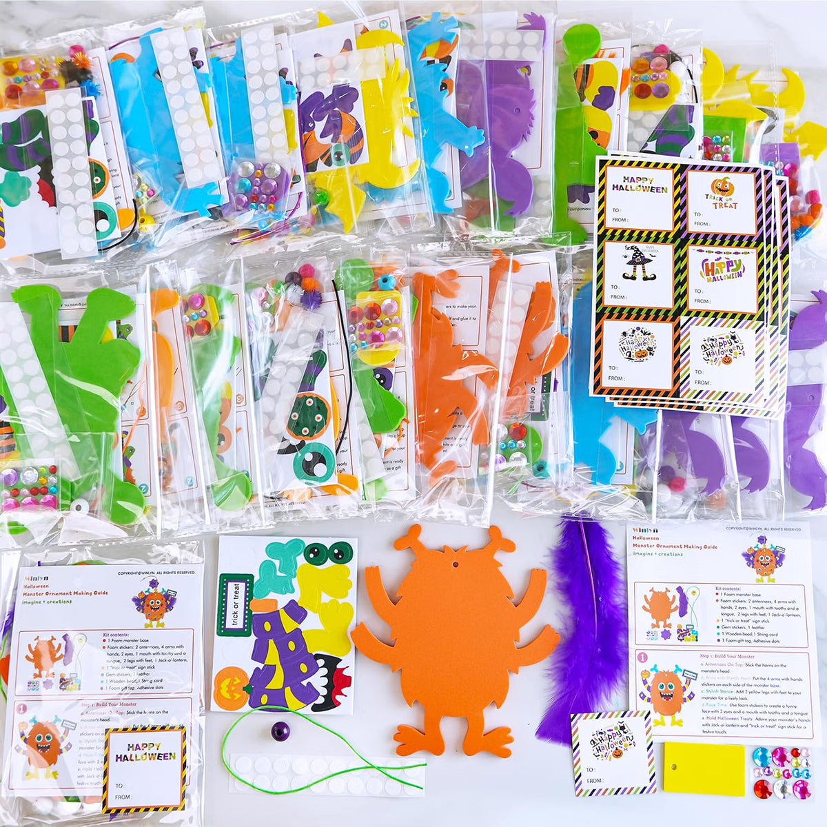 24-Set Halloween Monster Craft Kit for Kids – DIY Foam Ornament Art Activity, Classroom Project & Party Favors