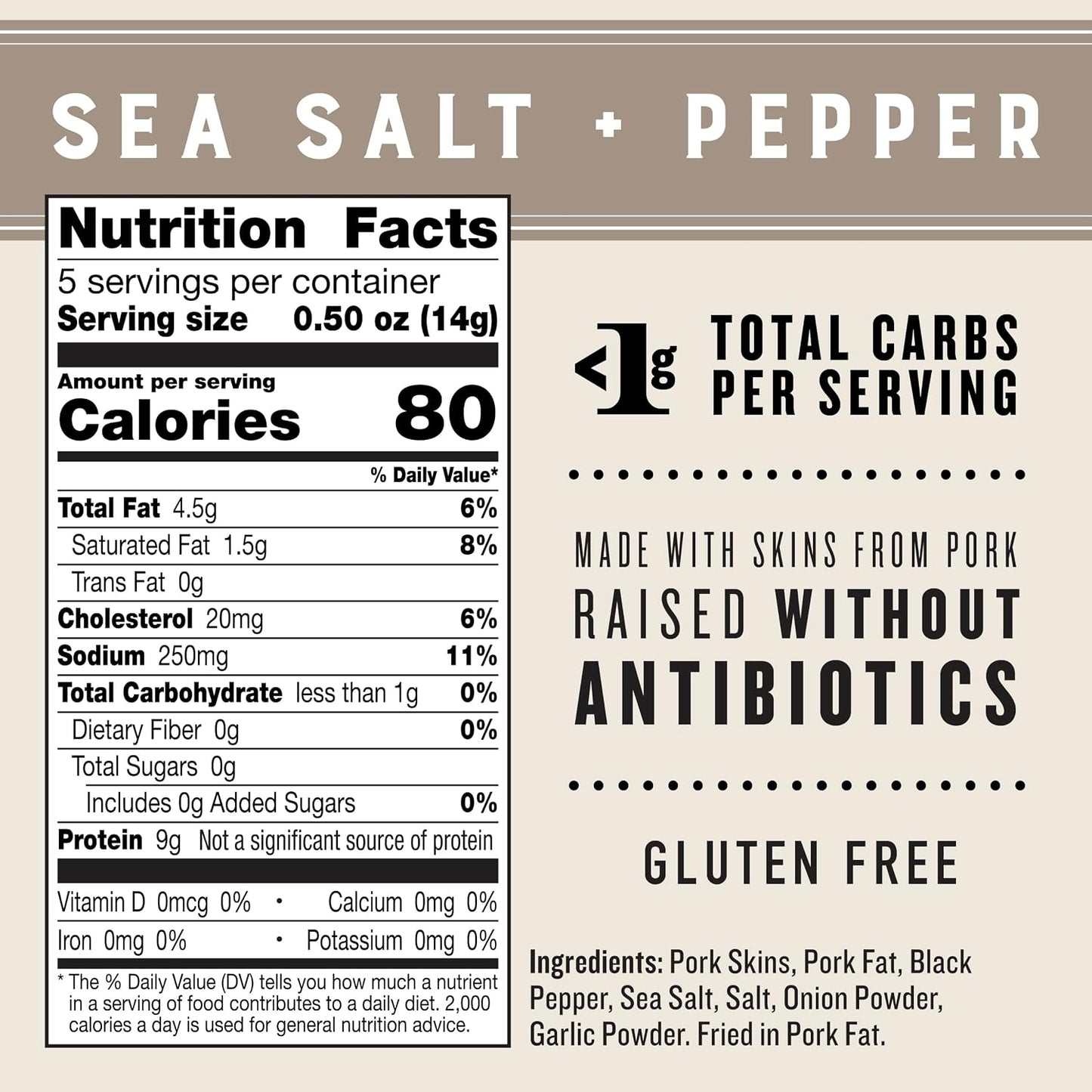 Sea Salt & Pepper Pork Rinds – Keto & Paleo Friendly High-Protein Snack, 2.5 oz