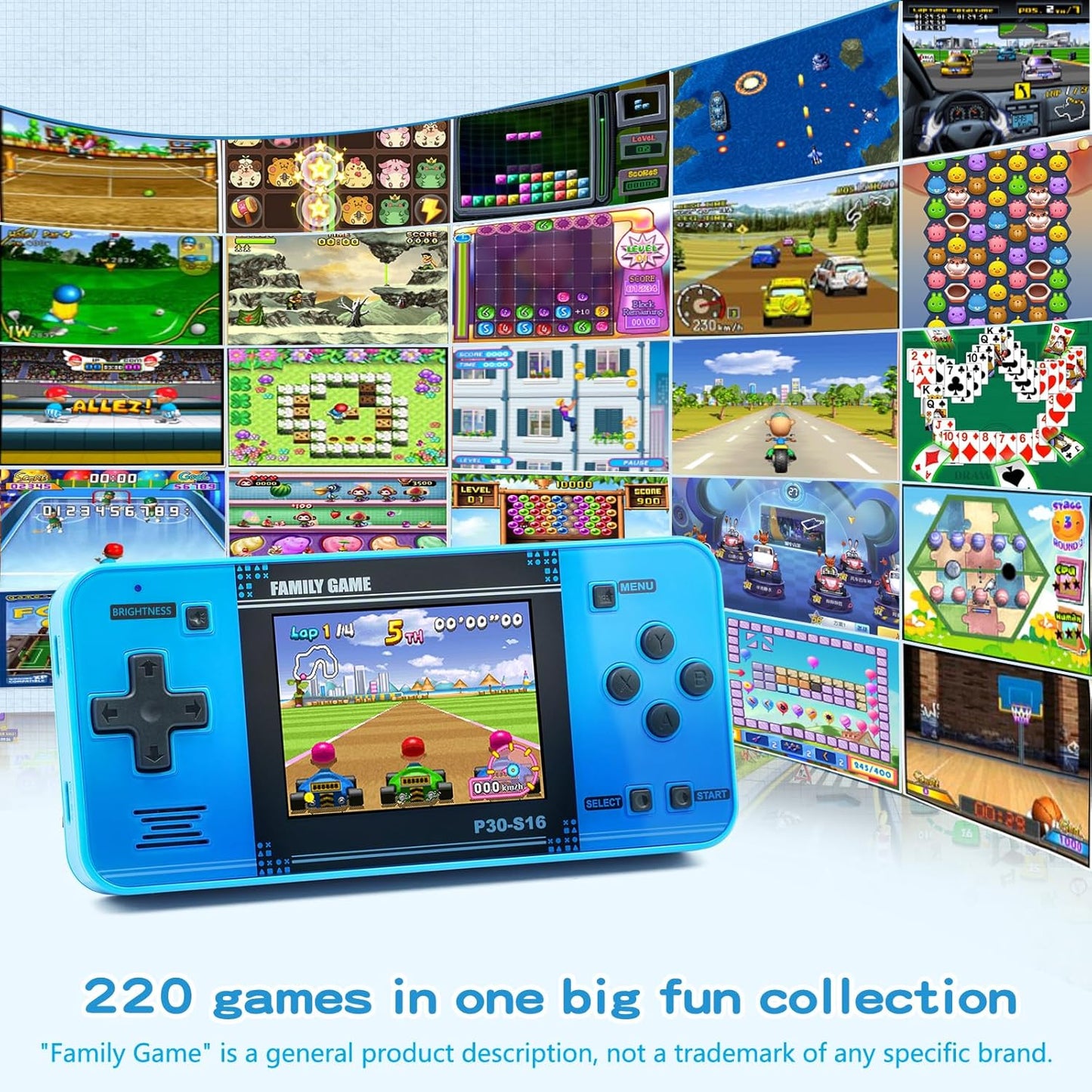 Handheld Game Console: 220 Retro Video Games, Portable with 3.0" LCD Screen & Rechargeable Battery - Blue!