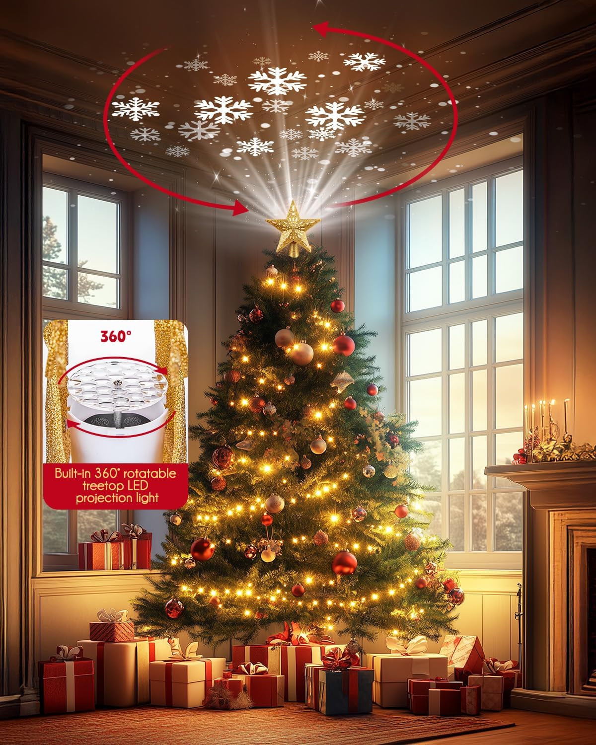 Christmas Star Tree Topper with LED Snowflake Projector