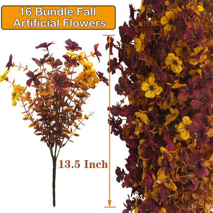 16-Bundle Artificial Fall Mums with Eucalyptus – UV-Resistant Orange Faux Flowers for Outdoor Porch, Planters & Thanksgiving Décor