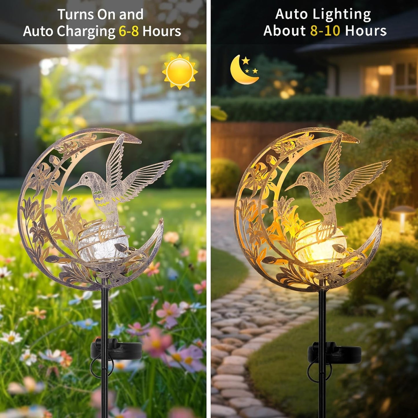 Solar Hummingbird Stake Light – Moon & Bird Metal Outdoor Decor, Waterproof Auto On/Off Pathway Light for Yard, Lawn, Patio & Garden