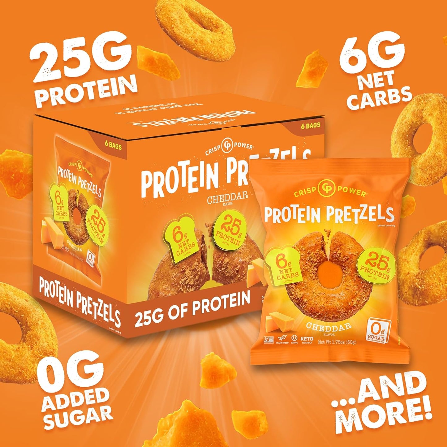 Cheddar Protein Pretzels – 25g Protein, High Fiber, Low Carb – No Added Sugar – 6 Pack – Vegan & Keto
