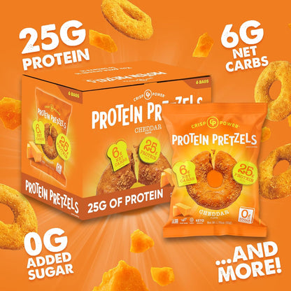 Cheddar Protein Pretzels – 25g Protein, High Fiber, Low Carb – No Added Sugar – 6 Pack – Vegan & Keto