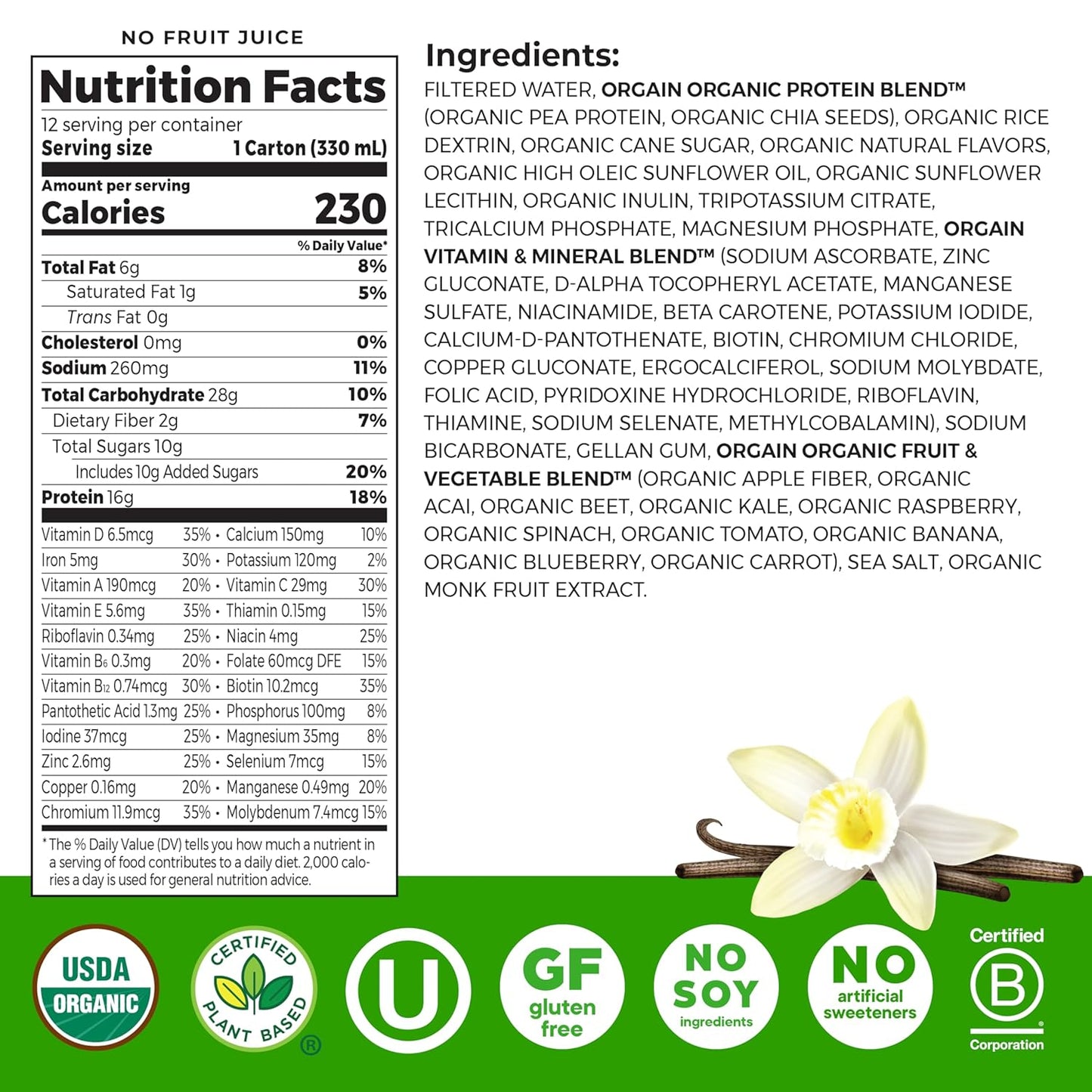 Orgain Organic Vegan Protein Shake – Vanilla Bean, 16g Plant Protein – 11 fl oz (Pack of 12)