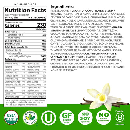 Orgain Organic Vegan Protein Shake – Vanilla Bean, 16g Plant Protein – 11 fl oz (Pack of 12)