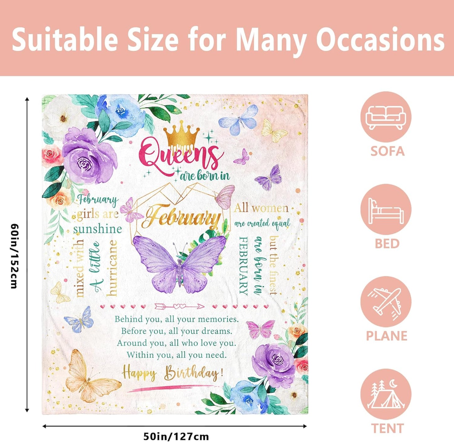 February Birthday Blanket – “Queens Are Born in February” Throw (60" x 50")