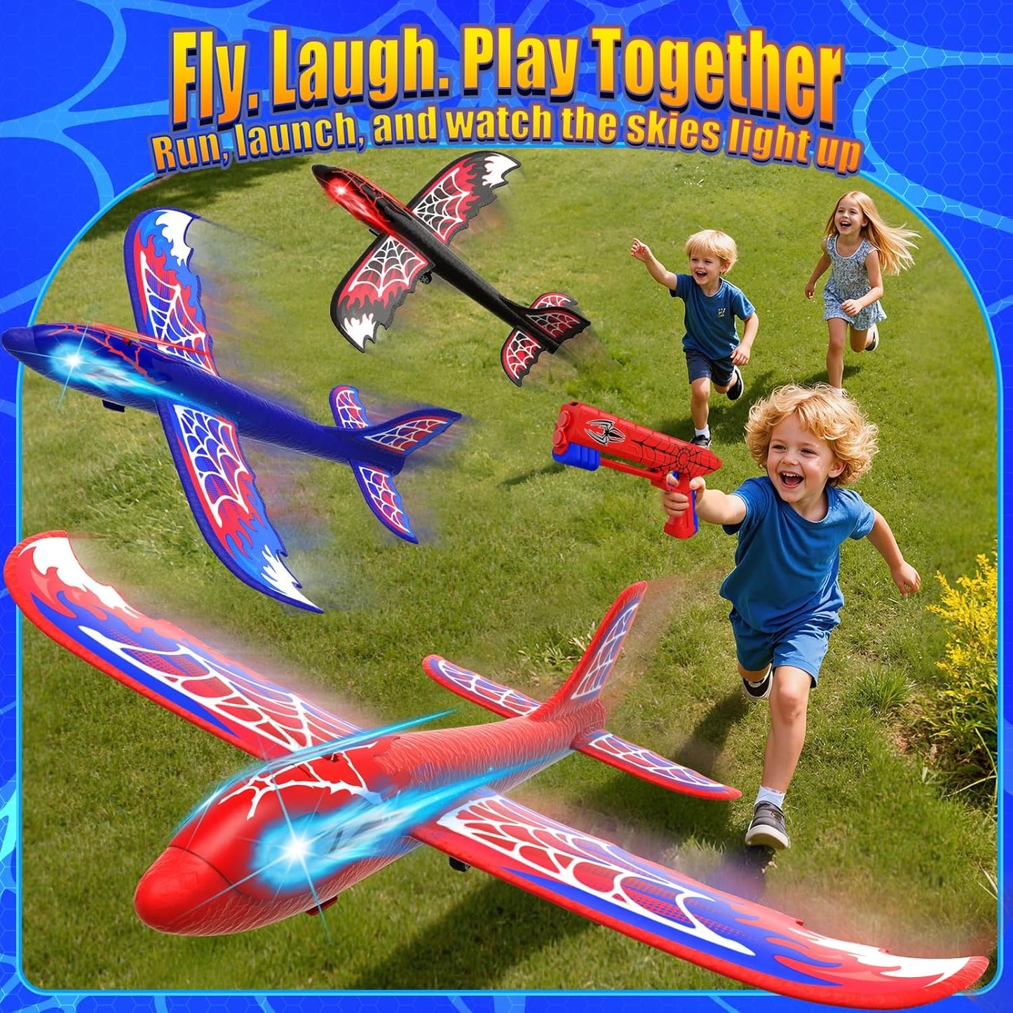3-Pack Airplane Launcher Toy – Glowing Eyes & Web-Pattern Wings | 2 Flight Modes for Outdoor Fun, Perfect for Kids Ages 3-12 – Great Birthday Gift (Red, Blue & Black)