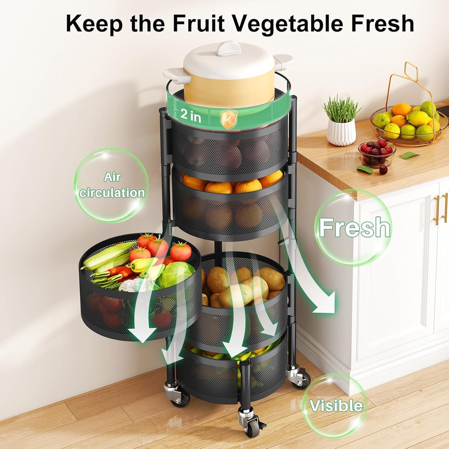 5-Tier Rotating Fruit & Vegetable Basket – Rolling Kitchen Storage Rack with Wheels & Lid – Black