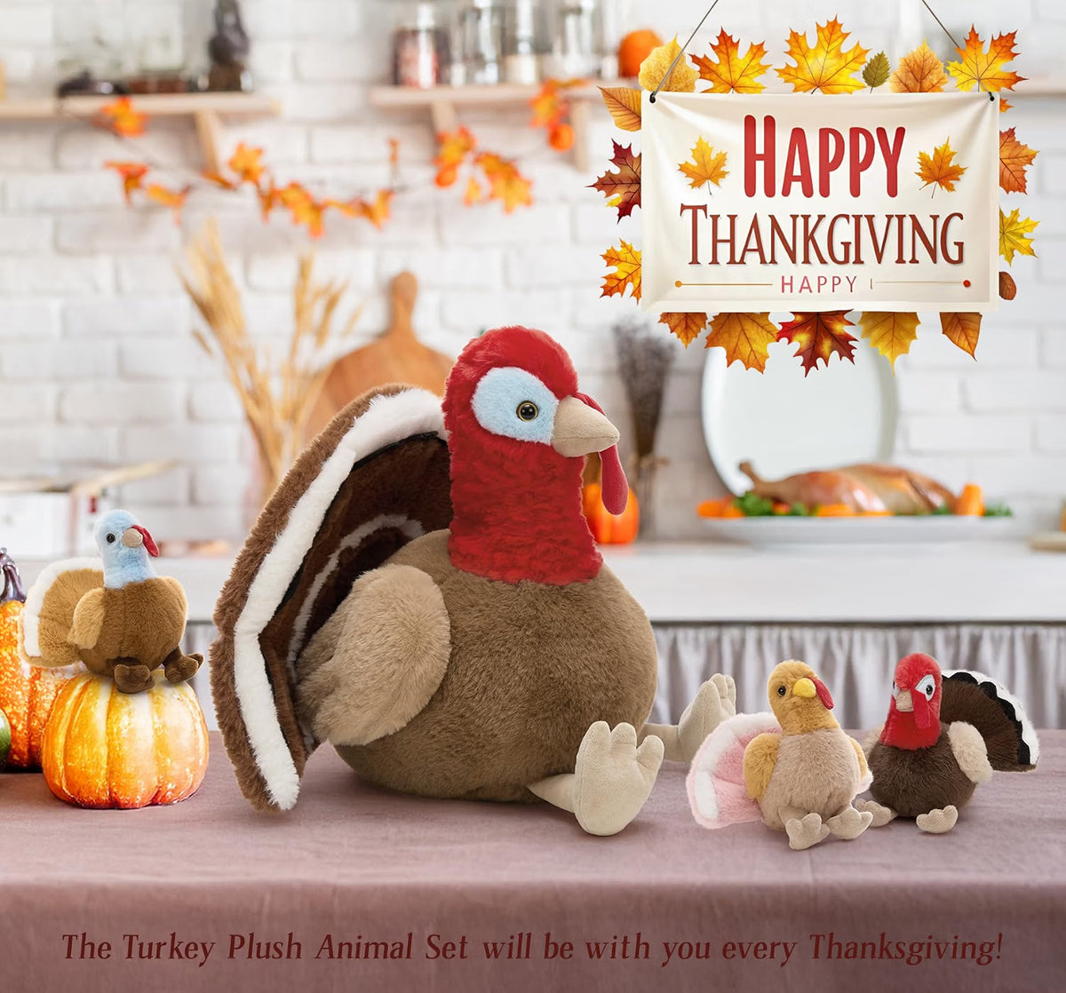 14" Thanksgiving Turkey Stuffed Animal with 3 Baby Turkeys – Soft Fall Plush Toy & Holiday Décor