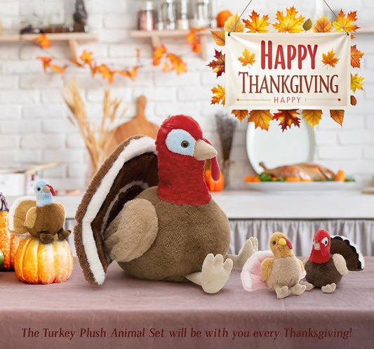 14" Thanksgiving Turkey Stuffed Animal with 3 Baby Turkeys – Soft Fall Plush Toy & Holiday Décor