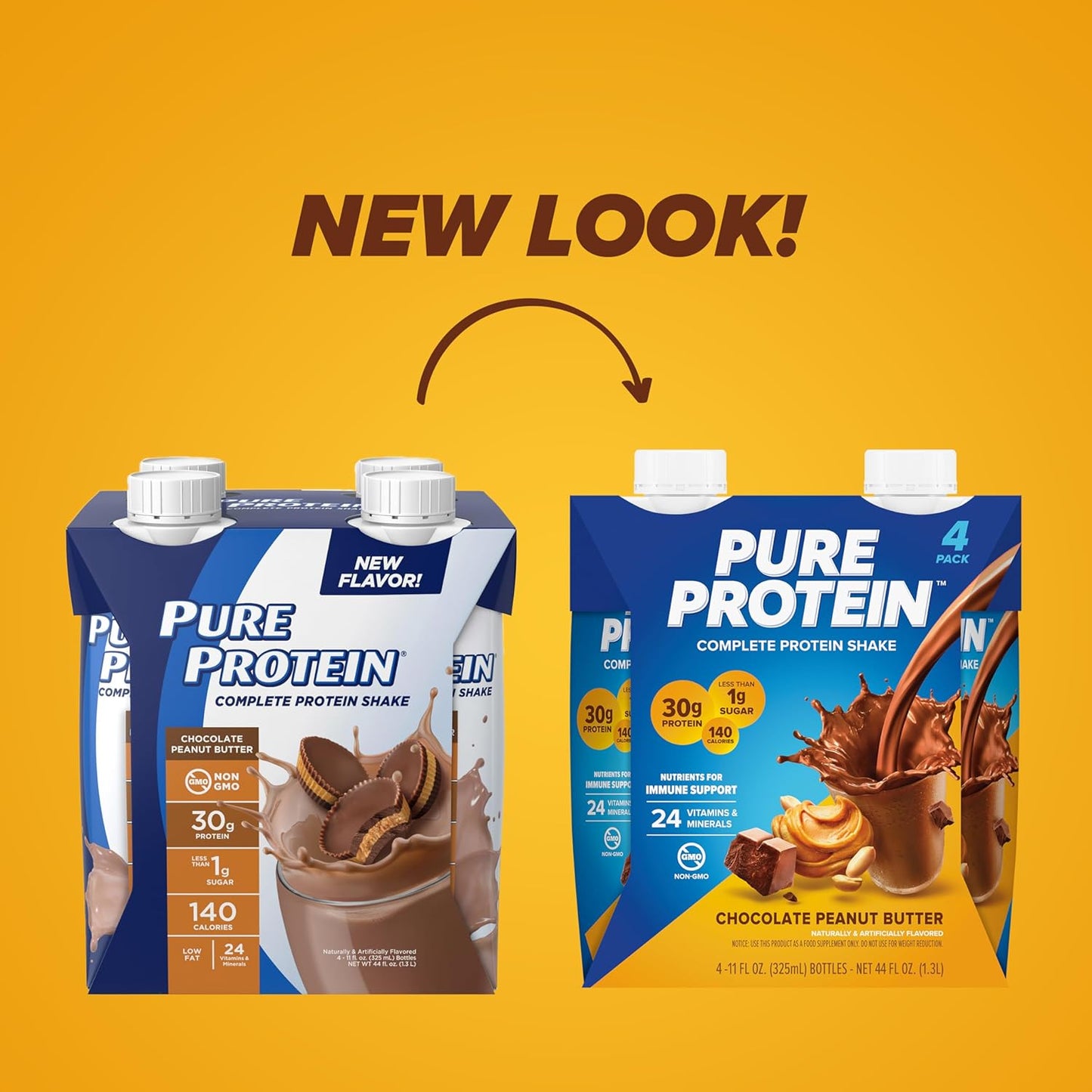 Pure Protein Chocolate Peanut Butter Shake– 30g Protein, Keto-Friendly, 11oz Bottles (12 Pack)