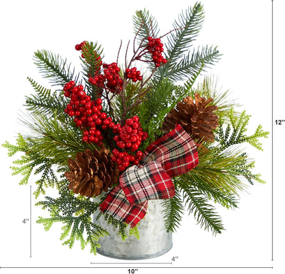 12in Holiday Table Arrangement with Pinecones, Berries, and Plaid Bow