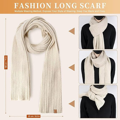 3-in-1 Winter Beanie Hat Scarf Gloves Set for Women with Pom Pom Long Scarf Neck Warmer Touchscreen Gloves