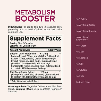 Nature’s Bounty Metabolism Booster – Fat Metabolism Support with Citrus & Black Ginger (60 Capsules)