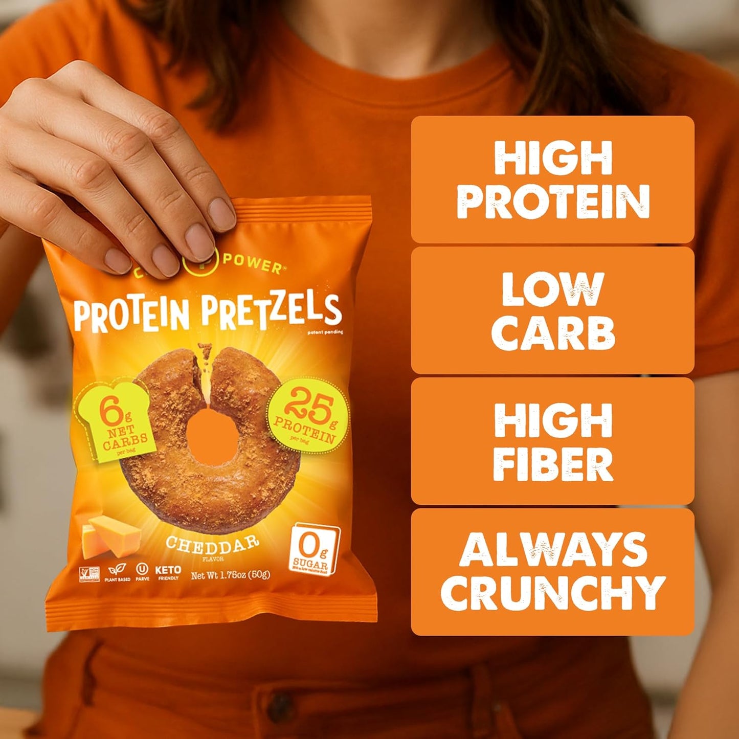 Cheddar Protein Pretzels – 25g Protein, High Fiber, Low Carb – No Added Sugar – 6 Pack – Vegan & Keto