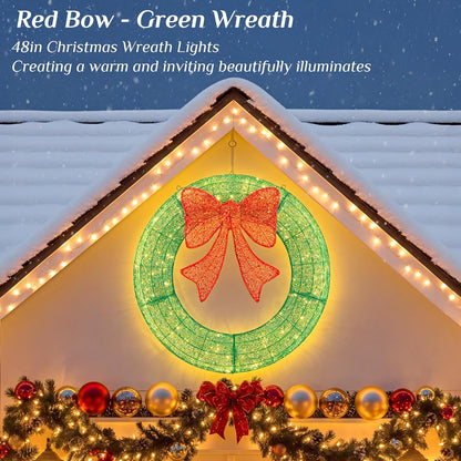 48in Pre-Lit Christmas Wreath with LED Lights and Red Bow