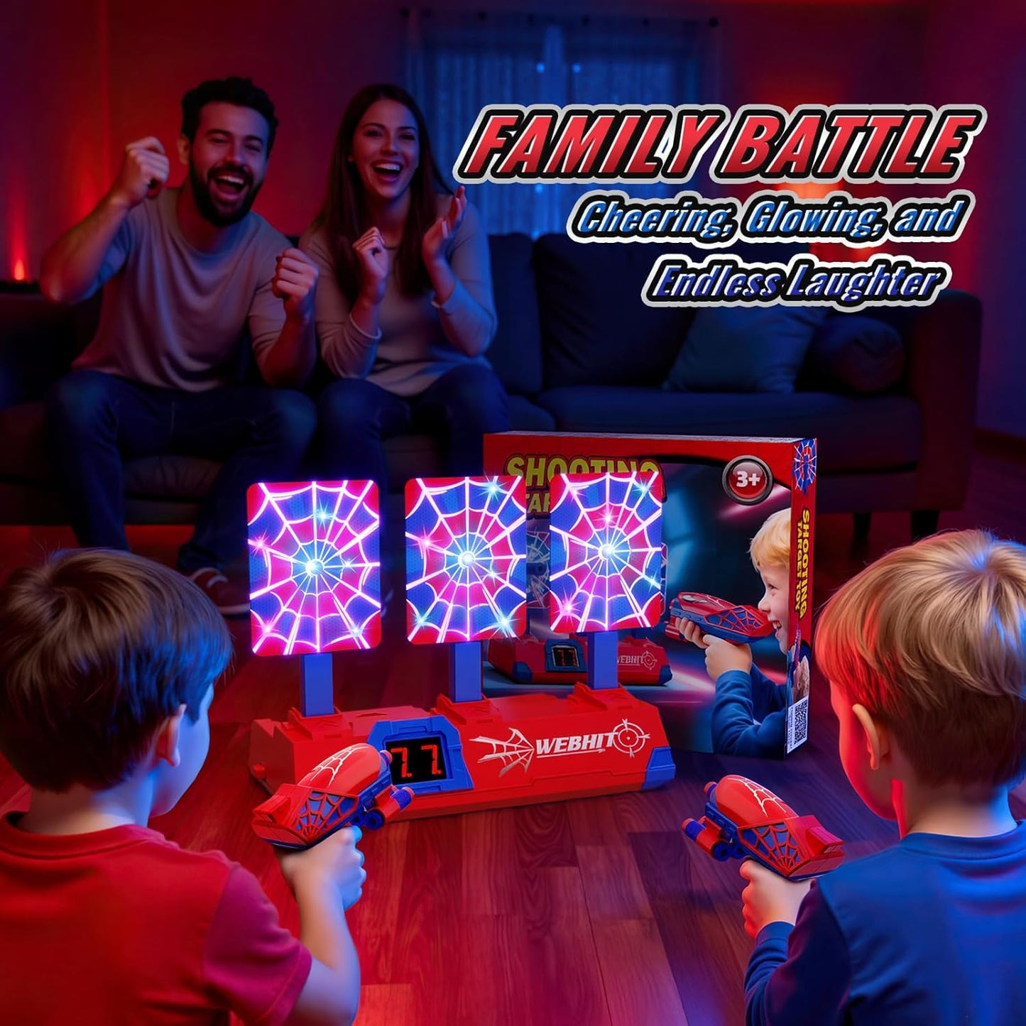 Shooting Toy Set for Boys Ages 3-12 – Hero Style with Glowing Web, Sounds, LCD Scoring, and 3 Auto Reset Targets | Perfect for Indoor/Outdoor Family Games and Gifts!