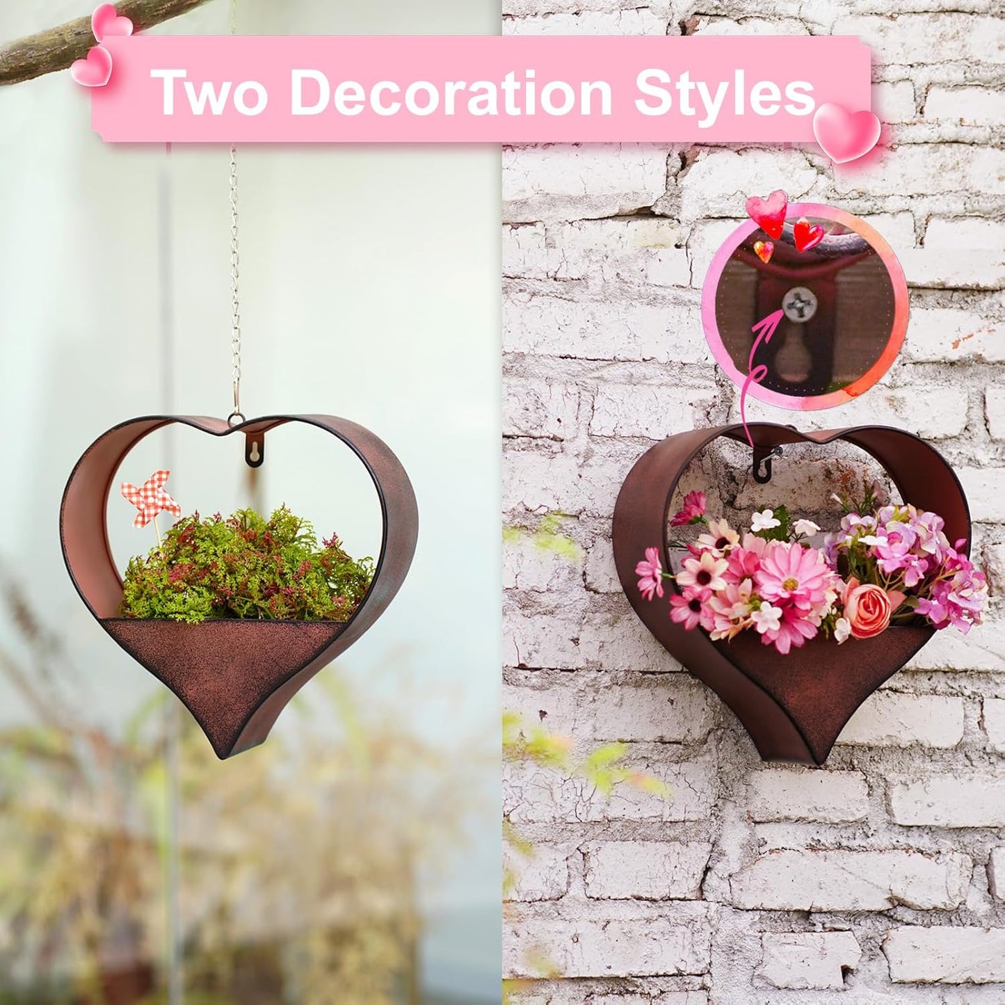 Rustic Heart-Shaped Metal Plant Hanger – Indoor Outdoor Wall Planter – Valentine’s or Birthday Gift for Her