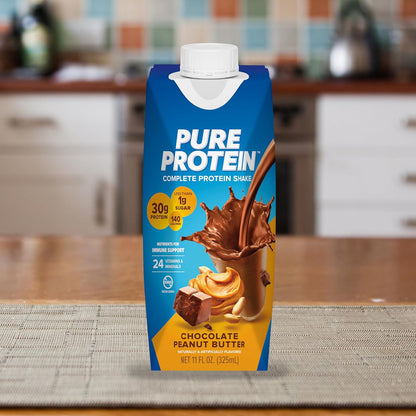 Pure Protein Chocolate Peanut Butter Shake– 30g Protein, Keto-Friendly, 11oz Bottles (12 Pack)