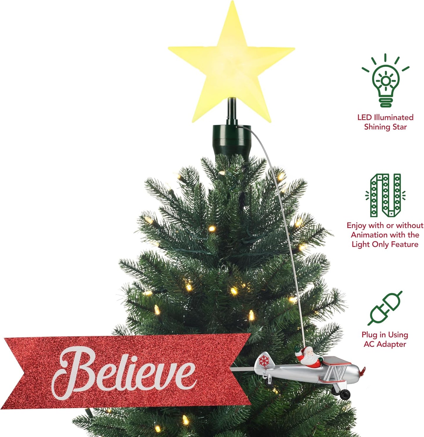 Santa's Animated Bi-Plane Christmas Tree Topper - White with Banner, LED Star, and Velcro Straps