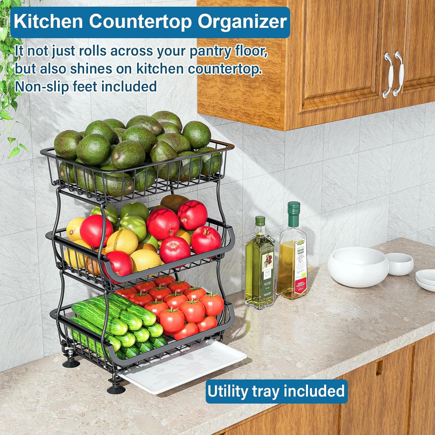 3-Tier Rolling Pantry Organizer Cart – Stackable Wire Baskets for Kitchen, Fruit & Snack Storage with Wheels