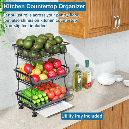 3-Tier Rolling Pantry Organizer Cart – Stackable Wire Baskets for Kitchen, Fruit & Snack Storage with Wheels