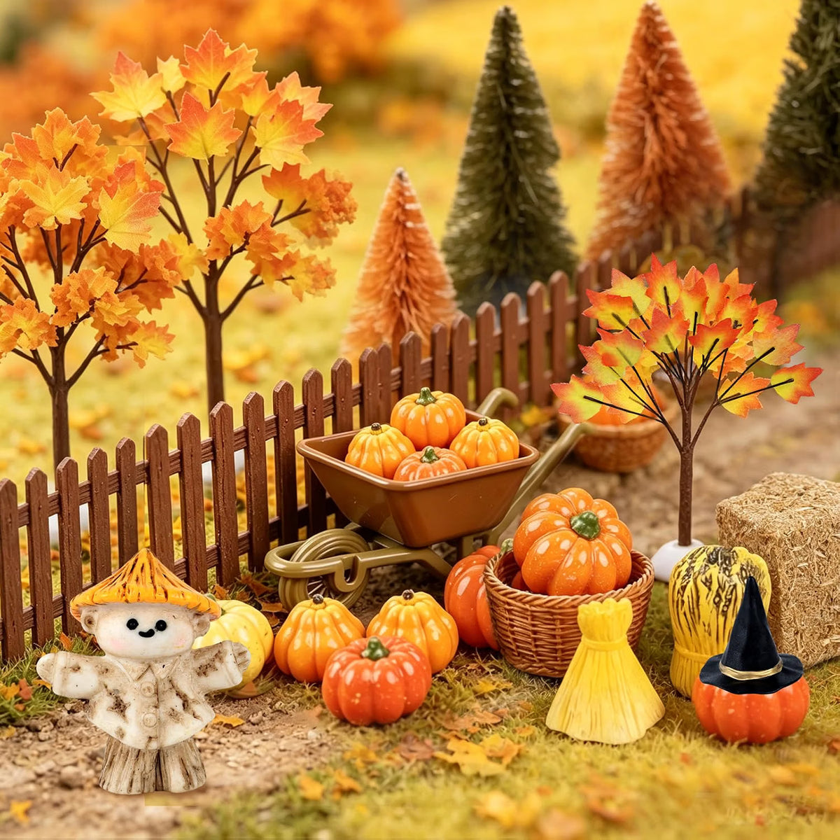 33-Piece Mini Fall Resin Figurine Set – Pumpkins, Scarecrow, Trees & Farm Miniatures for Thanksgiving Harvest Table Décor