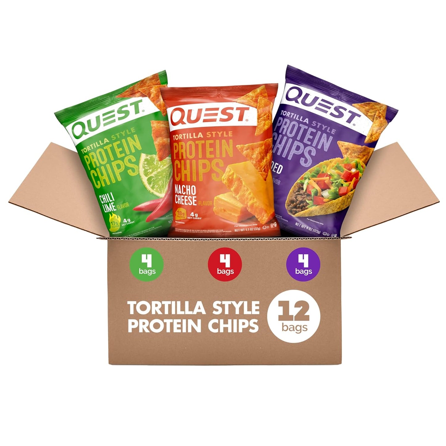 12-Count Quest Nutrition Tortilla Protein Chips Variety Pack – Chili Lime, Nacho Cheese & Loaded Taco | Low Carb, High Protein
