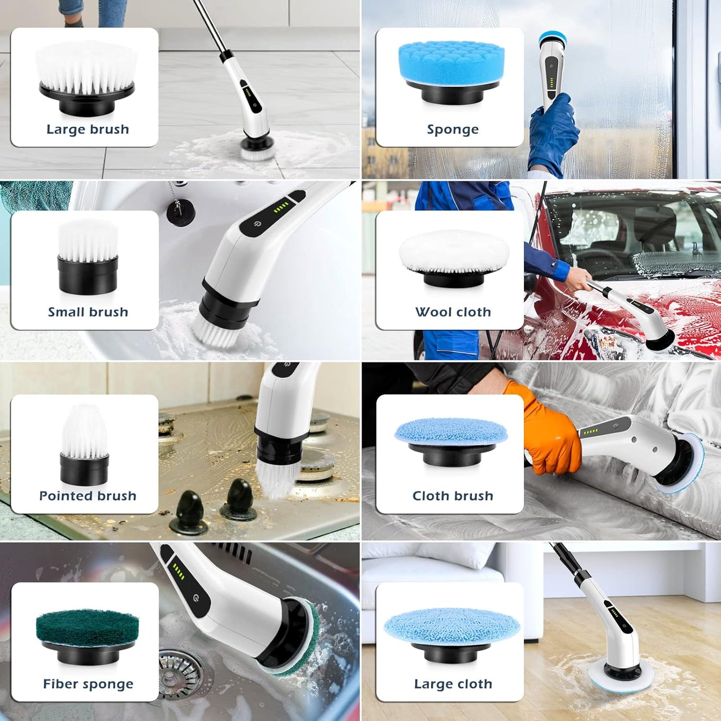 Cordless Electric Spin Scrubber with 8 Brush Heads – 90 Min Runtime, 3 Sizes, 2 Speeds