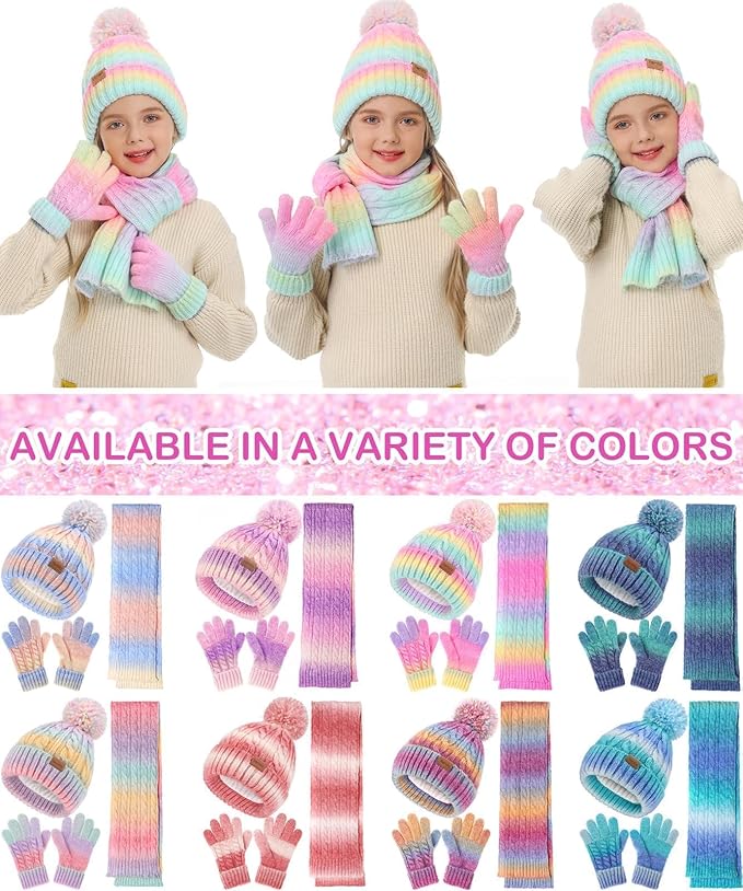 Kids Winter Hat, Scarf & Mittens Set – Fleece-Lined Knit (Ages 9–15, Candy Colors)