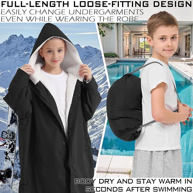 Kids Swim Parka – Windproof Sherpa-Lined Quick-Dry Robe Coat (Unisex, Small, 3'7"–4'9")