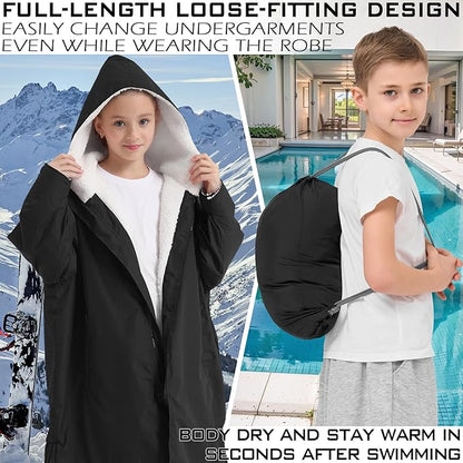 Kids Swim Parka – Windproof Sherpa-Lined Quick-Dry Robe Coat (Unisex, Small, 3'7"–4'9")