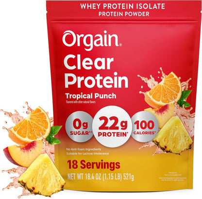 Orgain Clear Whey Isolate Protein Powder – Tropical Punch, 22g Protein, 0g Sugar – 18.4 oz, 18 Servings