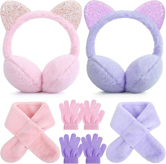 6-Piece Kids Winter Accessories Set – Ear Muffs, Scarves & Gloves (Pink & Purple)