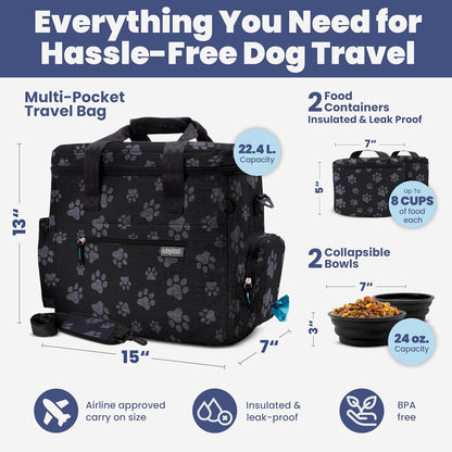 Complete Dog Travel Bag – Pet Travel Kit with 2 Food Containers & 2 BPA-Free Bowls for Road Trips & Camping
