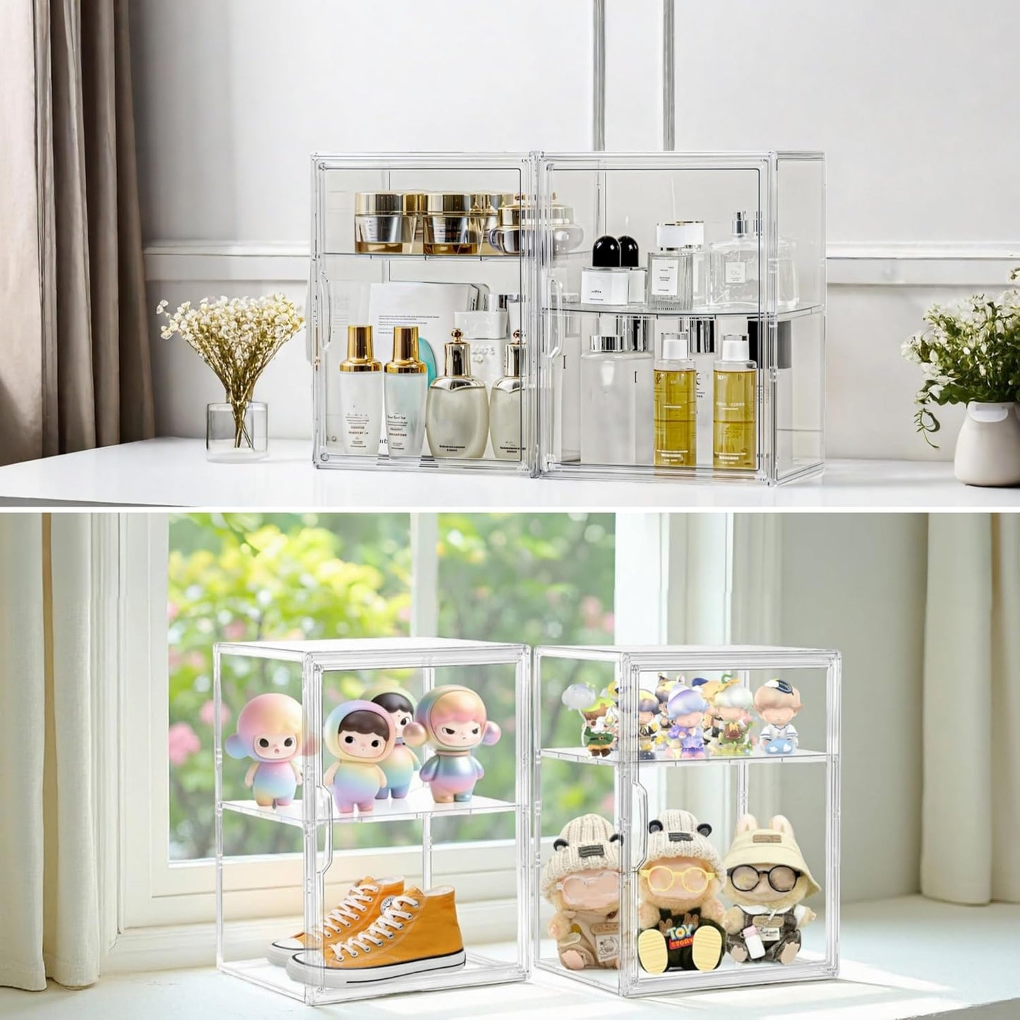 Large Acrylic Display Case for Collectibles - Clear Stackable Storage Bin with Adjustable Layers and Magnetic Door