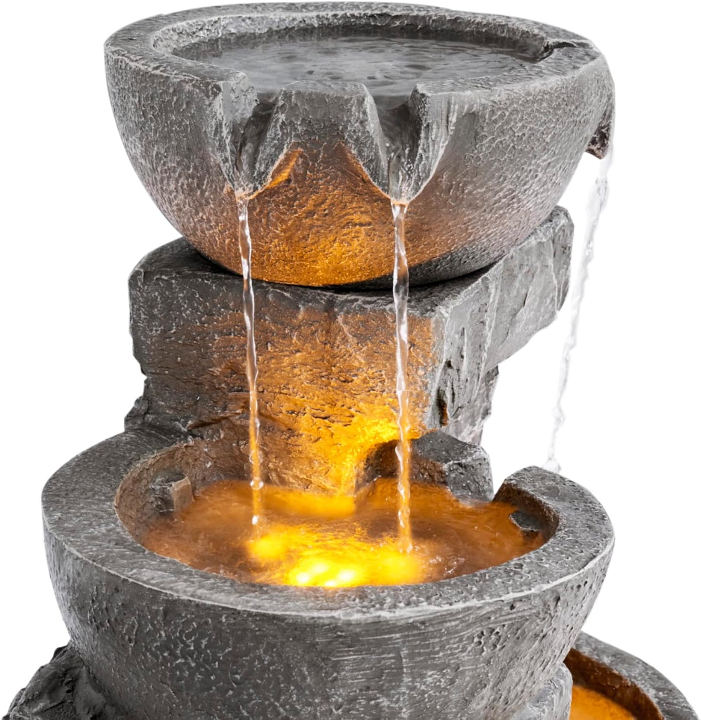 33.25" Cascading Bowls & Stacked Stones LED Outdoor Water Fountain (Stone Gray)
