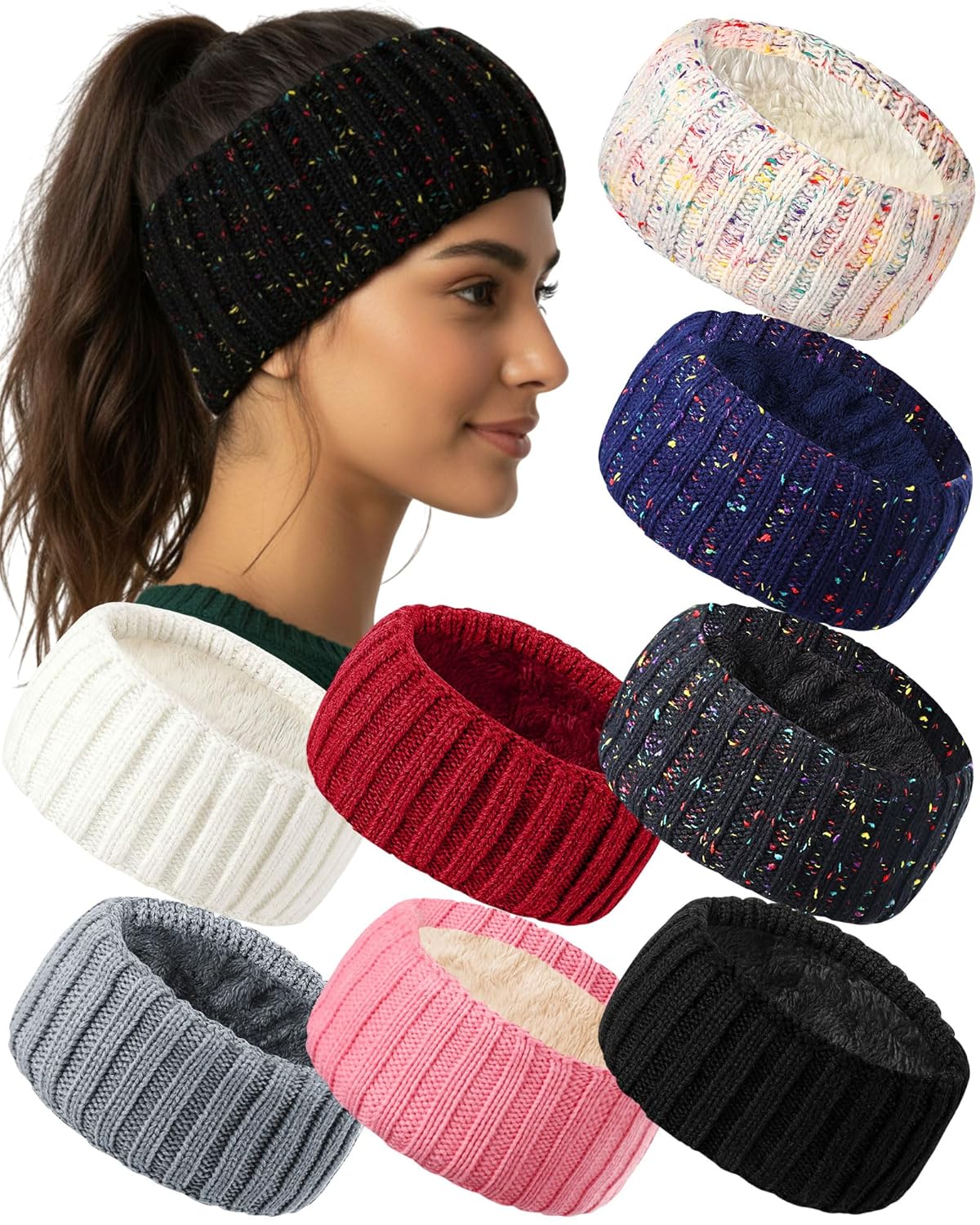 8-Pack Winter Ear Warmer Headbands – Knit Fleece-Lined Plush Ear Muffs (8 Colors)