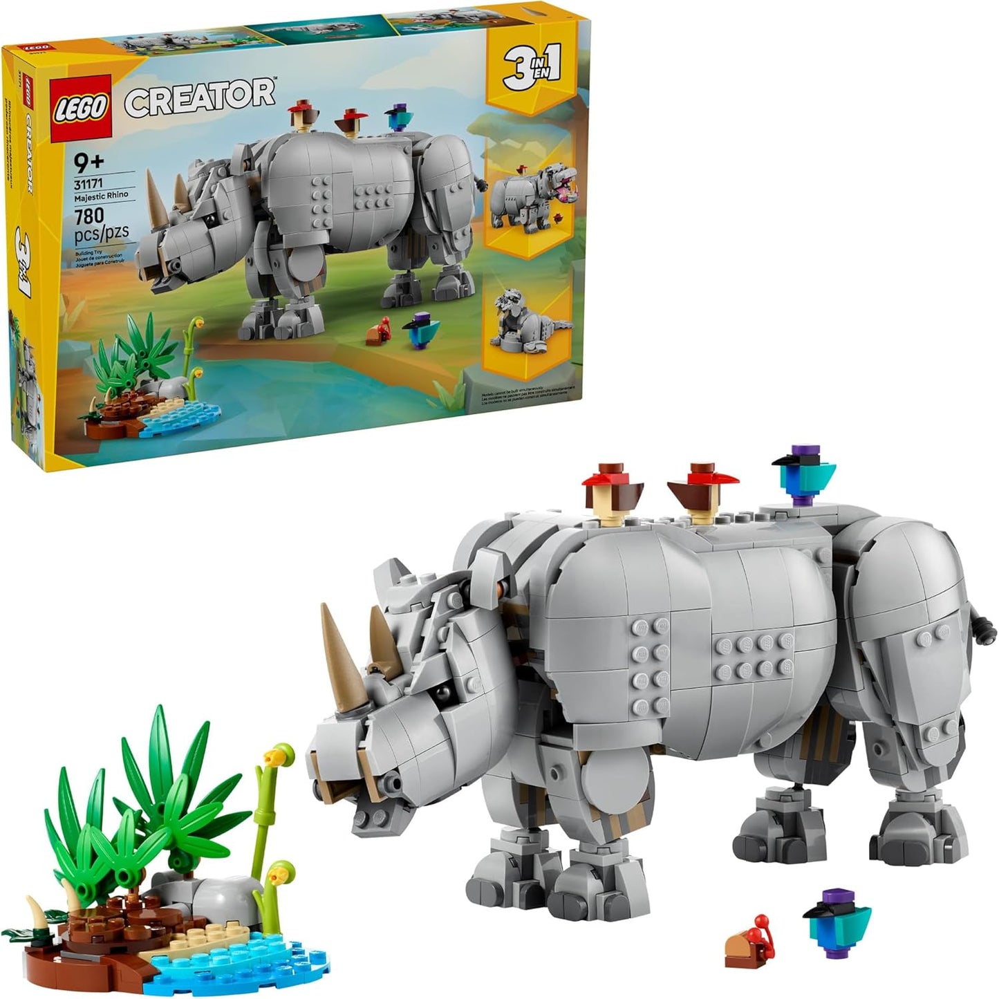 3-in-1 Wild Animals Rhino Building Toy for Ages 9+