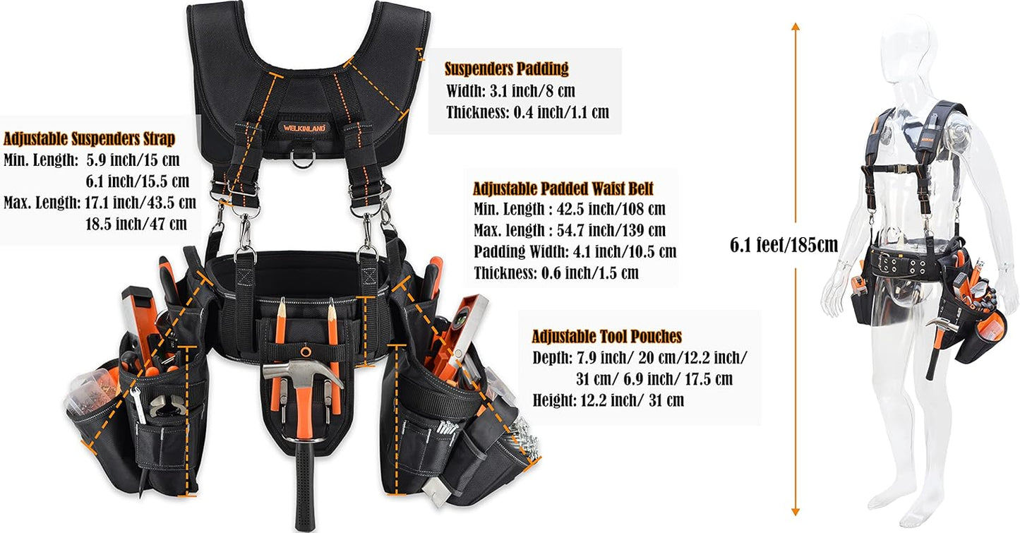 39 Pocket Tool Belt with Suspenders – 4" Padded Carpenter Tool Pouch for Men