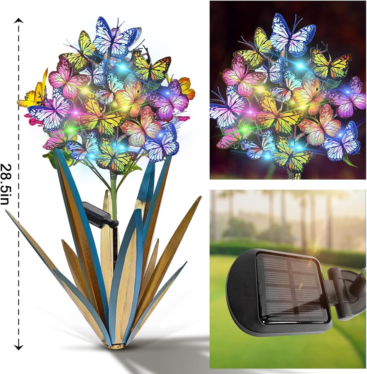 Solar Metal Agave Garden Stakes (3 PCS Blue) – Butterfly & Sunflower Outdoor Decor with Swaying Solar Lights for Yard, Patio & Lawn