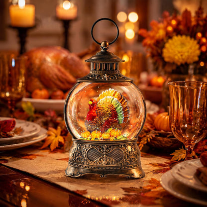 Fall Snow Globe Lantern – Lighted Glitter Water Lantern with Turkey in Pumpkin for Thanksgiving & Autumn Décor