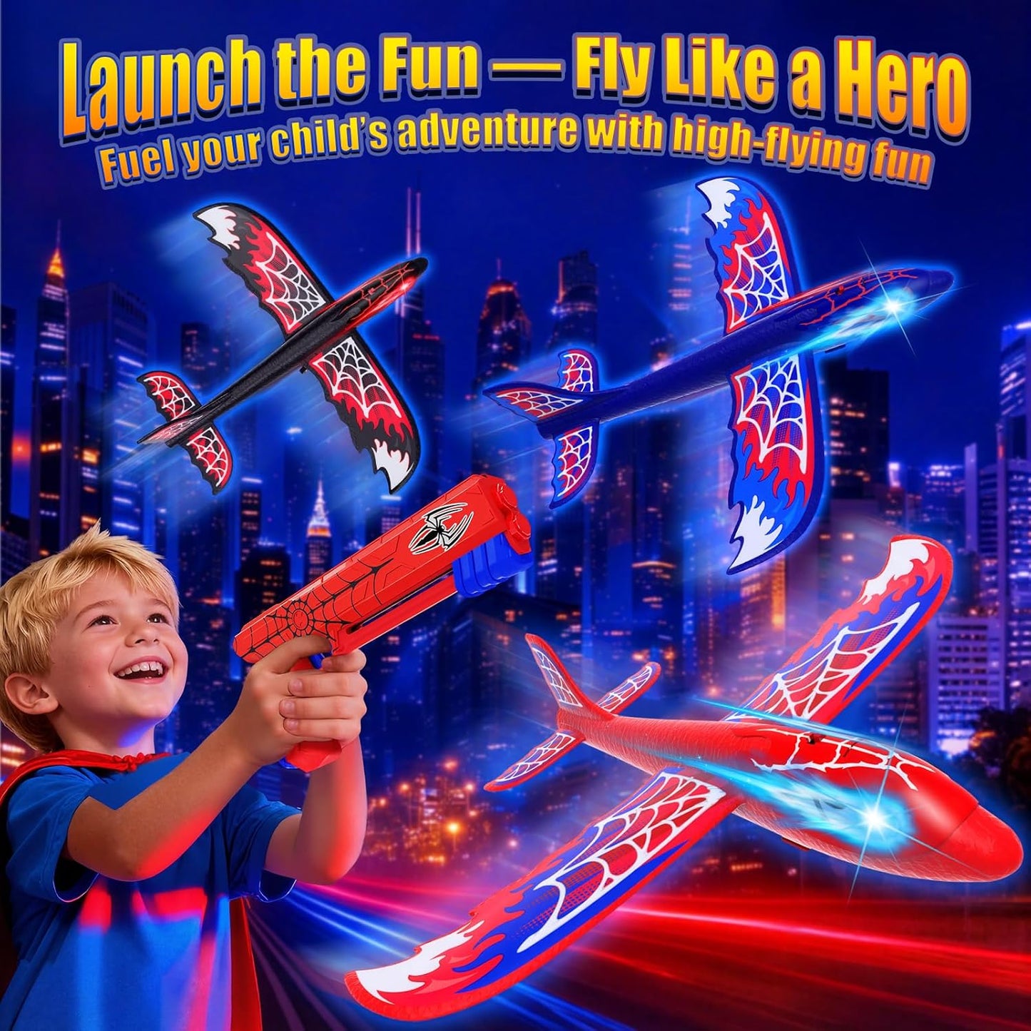 3-Pack Airplane Launcher Toy – Glowing Eyes & Web-Pattern Wings | 2 Flight Modes for Outdoor Fun, Perfect for Kids Ages 3-12 – Great Birthday Gift (Red, Blue & Black)