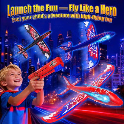 3-Pack Airplane Launcher Toy – Glowing Eyes & Web-Pattern Wings | 2 Flight Modes for Outdoor Fun, Perfect for Kids Ages 3-12 – Great Birthday Gift (Red, Blue & Black)